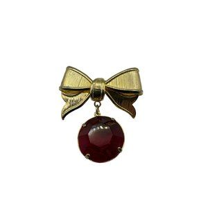 Vintage Gold Tone Bow Brooch with Red Crystal Dangle